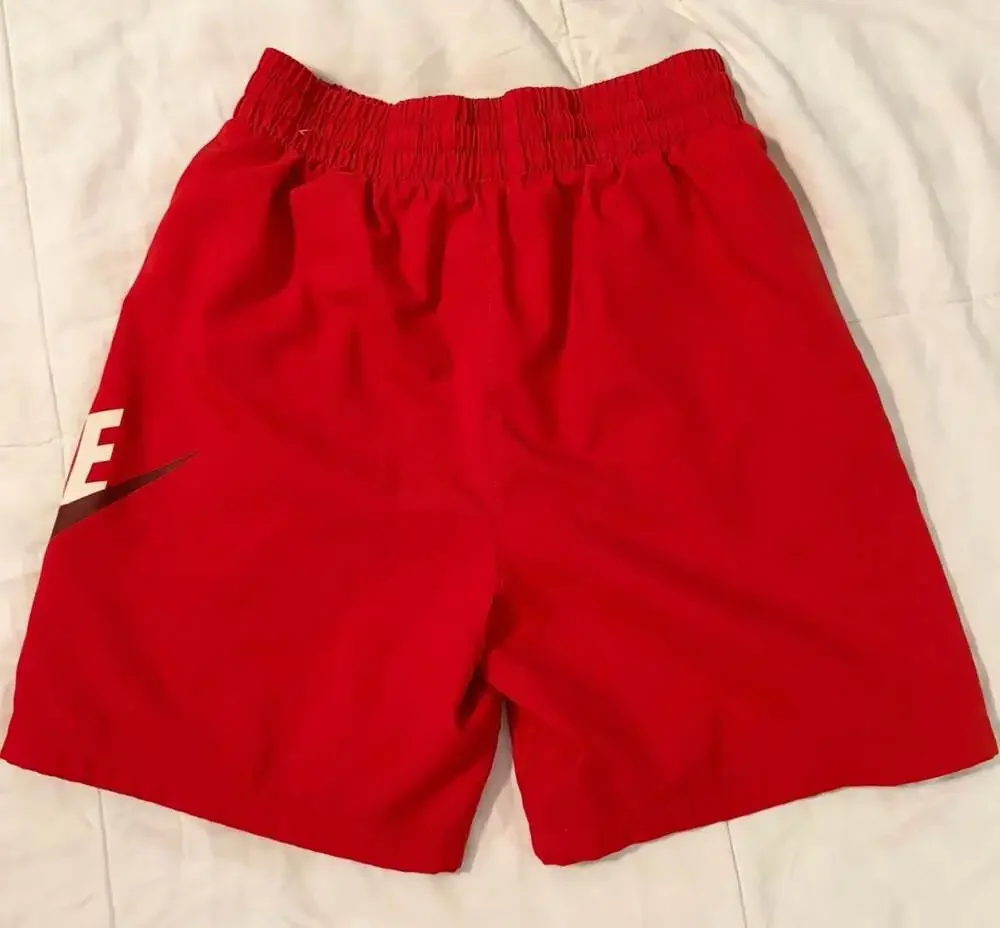Nike Boys Large Red Swim Trunks Logo Swoosh Mesh Lined Drawstring Shorts Swim